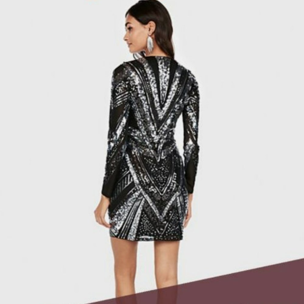 Express Sheer, Black & Silver Pattern Dress - image 3